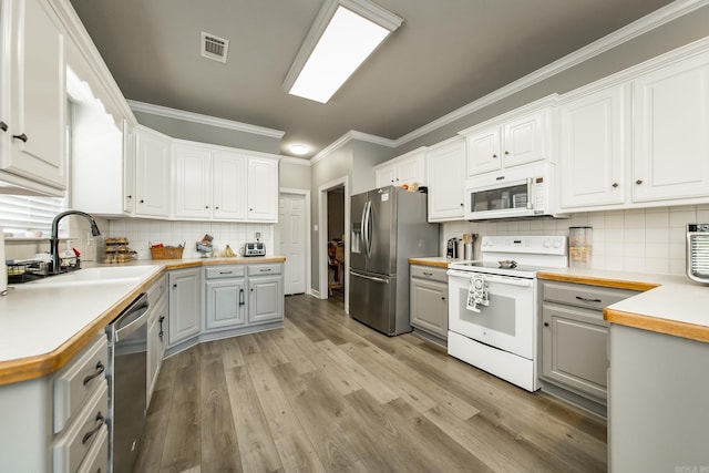 kitchen featuring decorative backsplash, white cabinets, appliances with stainless steel finishes, and sink