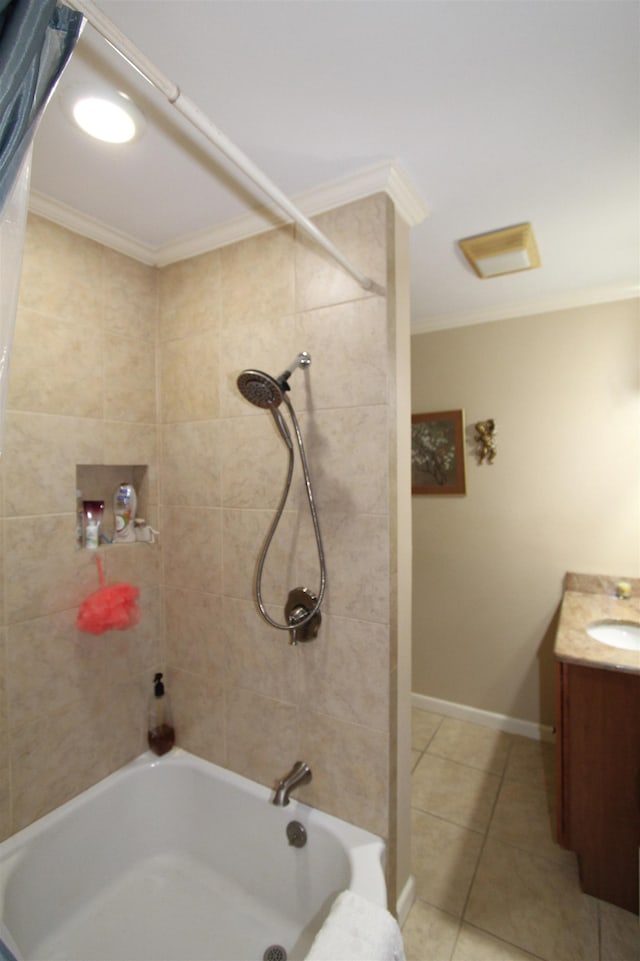 bathroom with vanity, tile patterned floors, shower / bath combination with curtain, and ornamental molding