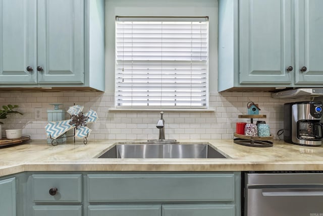 kitchen featuring decorative backsplash, dishwasher, and sink