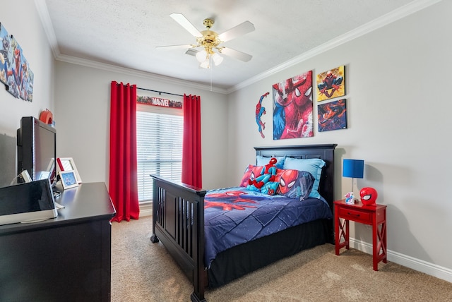 bedroom featuring ceiling fan, carpet, and crown molding