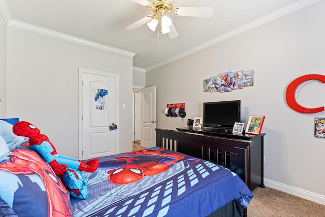 carpeted bedroom featuring ceiling fan and ornamental molding