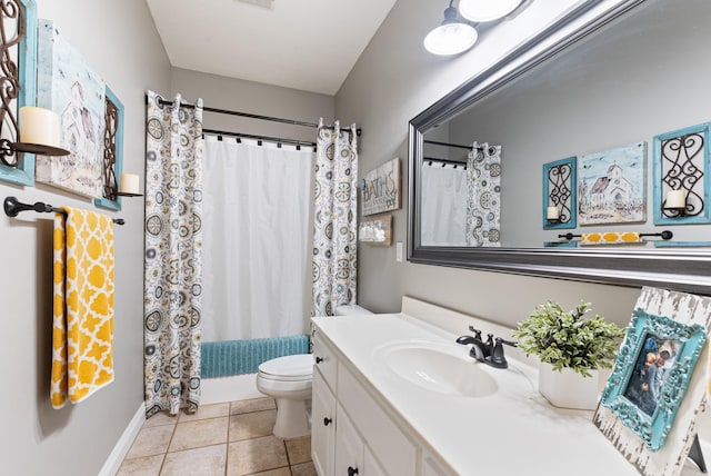 full bathroom with toilet, tile patterned flooring, vanity, and shower / tub combo with curtain