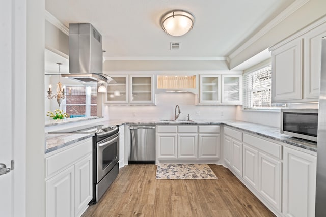 kitchen with island exhaust hood, stainless steel appliances, white cabinetry, and sink