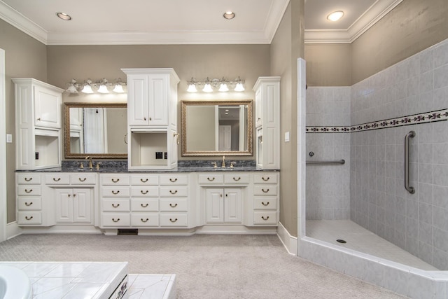 bathroom with vanity, crown molding, and plus walk in shower