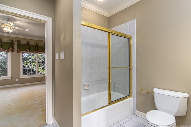 bathroom featuring tile patterned floors, bath / shower combo with glass door, toilet, ornamental molding, and ceiling fan