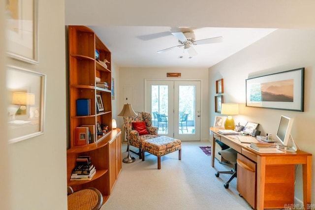 office with ceiling fan and light colored carpet