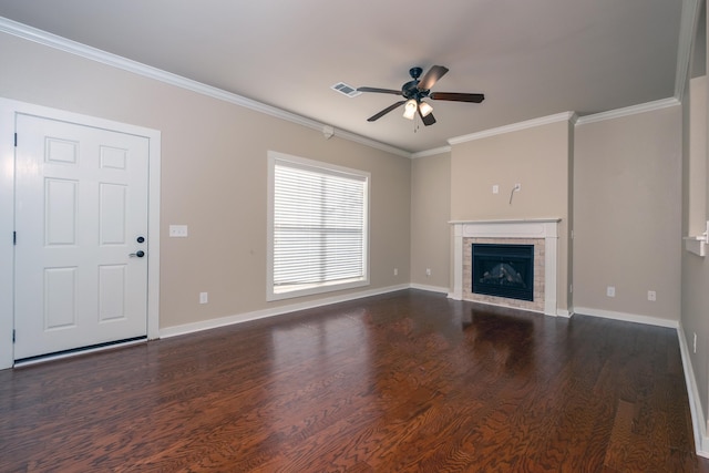 unfurnished living room with ceiling fan, dark hardwood / wood-style flooring, and ornamental molding