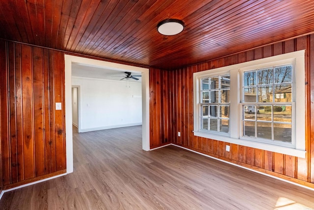 unfurnished room with ceiling fan, wooden ceiling, hardwood / wood-style floors, and wooden walls