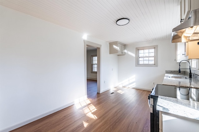 kitchen with electric stove, dark hardwood / wood-style floors, sink, light stone countertops, and white cabinets