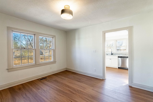 spare room featuring a textured ceiling, hardwood / wood-style flooring, and sink