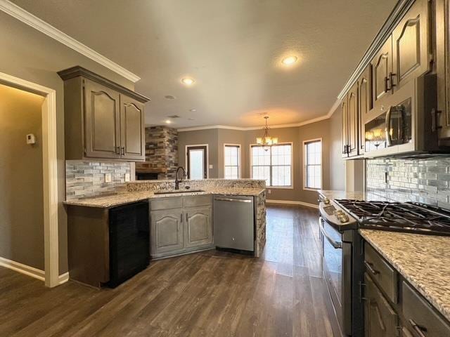 kitchen with appliances with stainless steel finishes, dark hardwood / wood-style flooring, backsplash, and sink