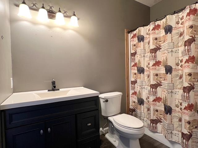 bathroom with toilet, walk in shower, and vanity