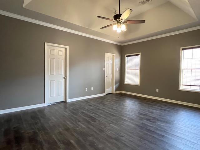 spare room with dark hardwood / wood-style flooring, a healthy amount of sunlight, and a raised ceiling