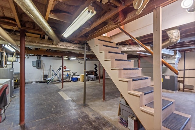 basement with electric panel and water heater