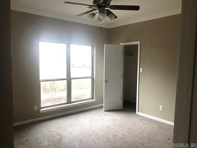 unfurnished bedroom featuring ceiling fan, crown molding, and carpet floors