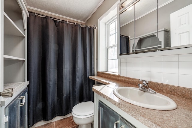 bathroom featuring toilet, tasteful backsplash, a textured ceiling, crown molding, and vanity