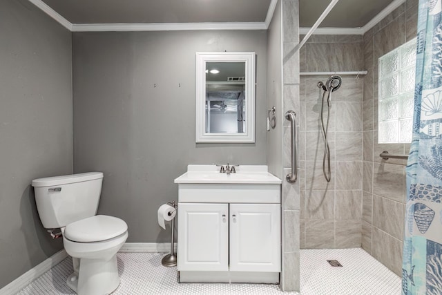 bathroom with vanity, a shower with curtain, and ornamental molding