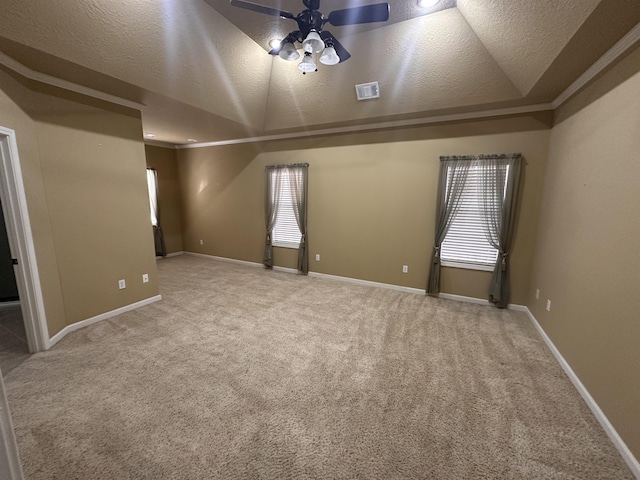 carpeted empty room with crown molding, a raised ceiling, vaulted ceiling, and a textured ceiling