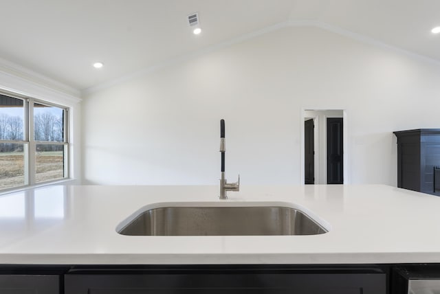 kitchen with lofted ceiling, sink, and crown molding