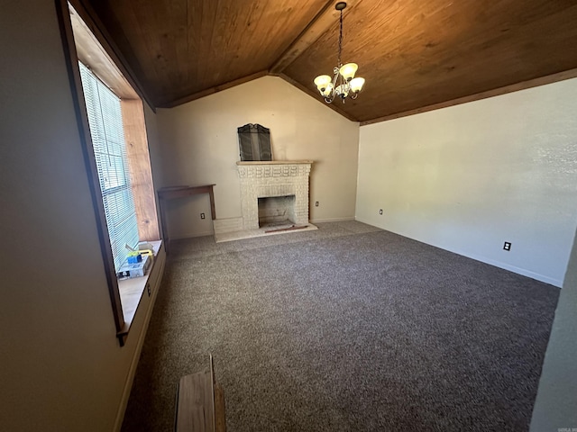 unfurnished living room featuring carpet floors, vaulted ceiling, a fireplace, a notable chandelier, and wood ceiling