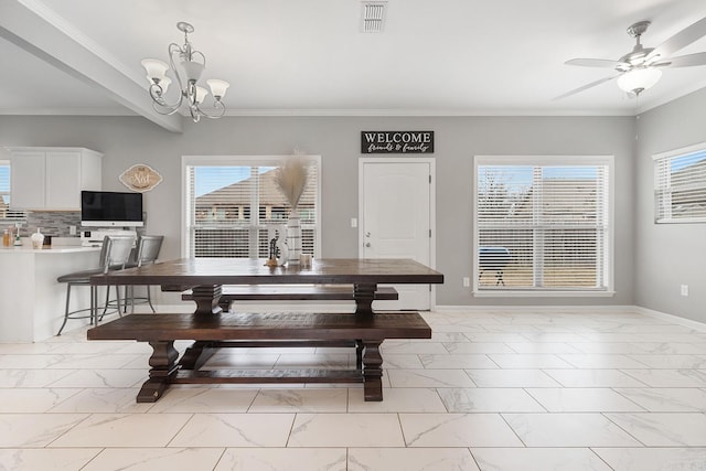 dining space with crown molding, beam ceiling, and ceiling fan with notable chandelier