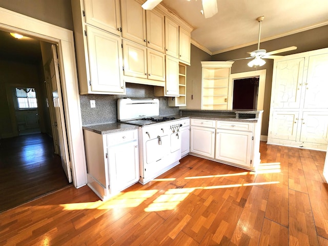 kitchen with light hardwood / wood-style floors, white gas range, crown molding, and tasteful backsplash