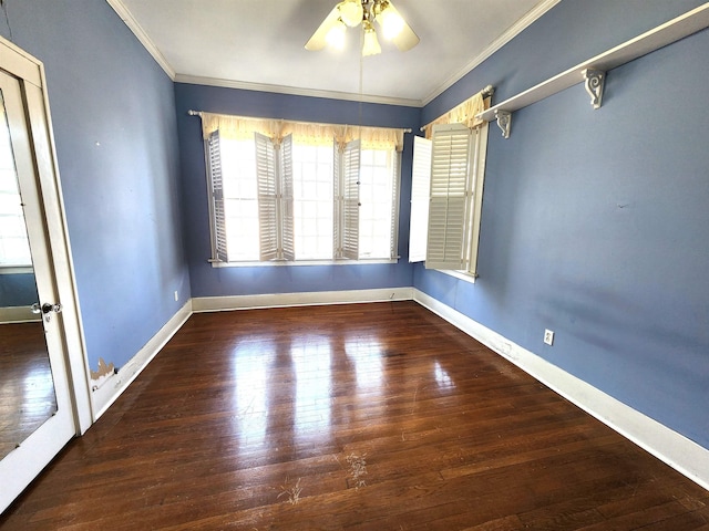 spare room with ceiling fan, dark hardwood / wood-style floors, and crown molding