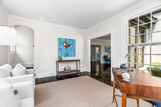 office space with hardwood / wood-style floors and crown molding