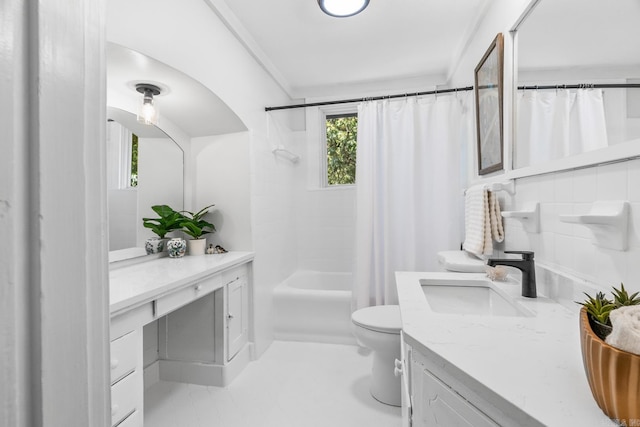 full bathroom with toilet, vanity, ornamental molding, and shower / bathtub combination with curtain