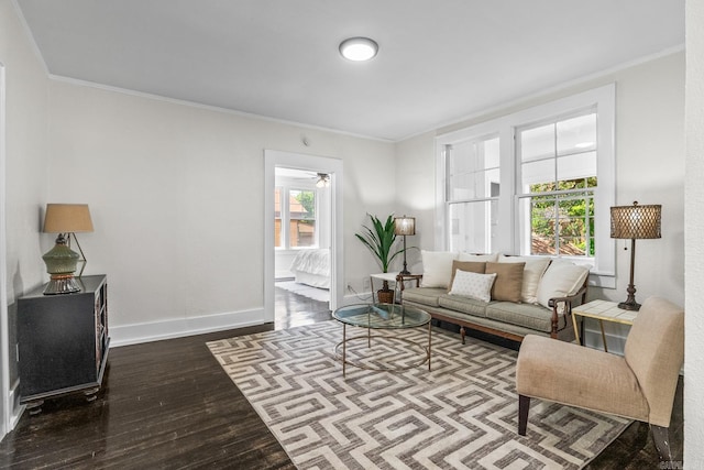 living room featuring dark hardwood / wood-style floors, a wealth of natural light, and crown molding