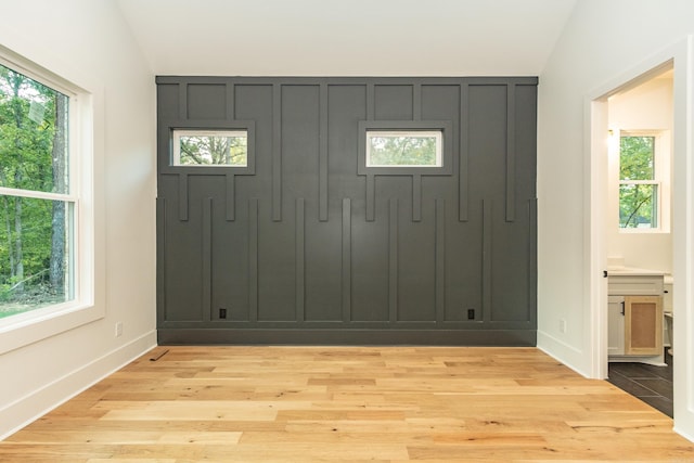 entryway featuring lofted ceiling, a wealth of natural light, and light hardwood / wood-style floors