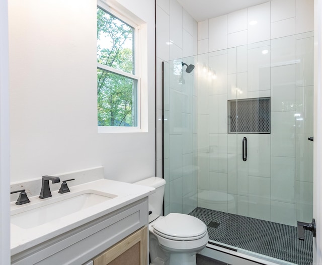 bathroom with toilet, vanity, a wealth of natural light, and a shower with shower door