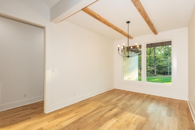 unfurnished dining area featuring hardwood / wood-style flooring, lofted ceiling with beams, and a notable chandelier