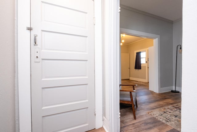 hall featuring dark wood-type flooring and crown molding