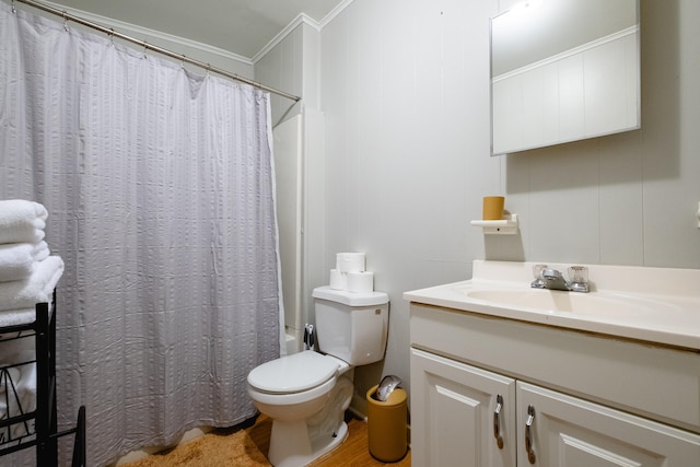 full bathroom with wood-type flooring, vanity, shower / bath combination with curtain, toilet, and ornamental molding