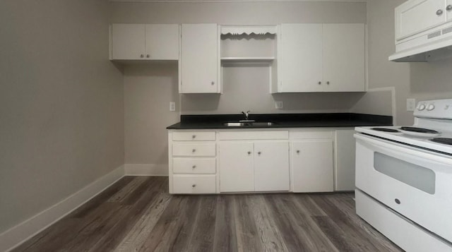 kitchen with dark wood-type flooring, white cabinetry, electric range, and sink