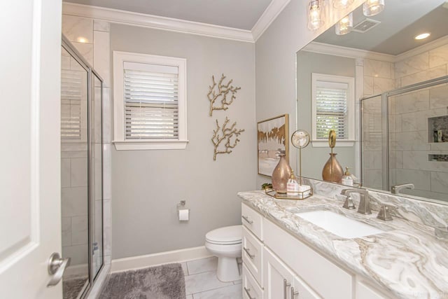 bathroom with toilet, crown molding, a shower with door, and tile patterned flooring