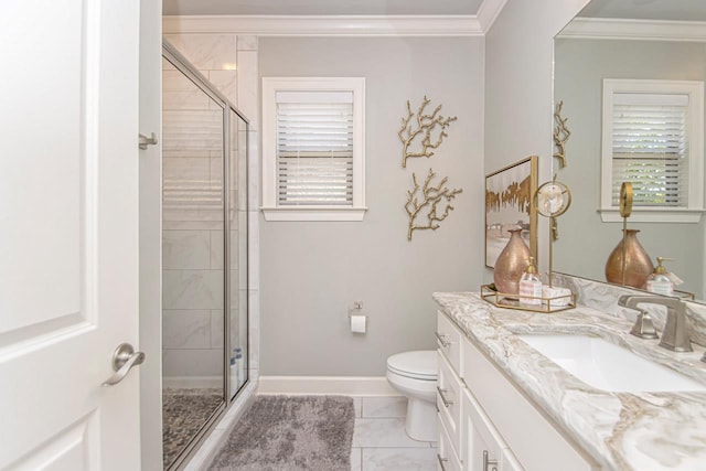 bathroom with tile patterned floors, a shower with shower door, crown molding, and toilet