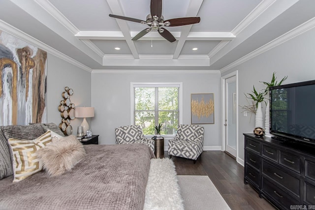 bedroom featuring coffered ceiling, ornamental molding, beam ceiling, ceiling fan, and dark hardwood / wood-style floors