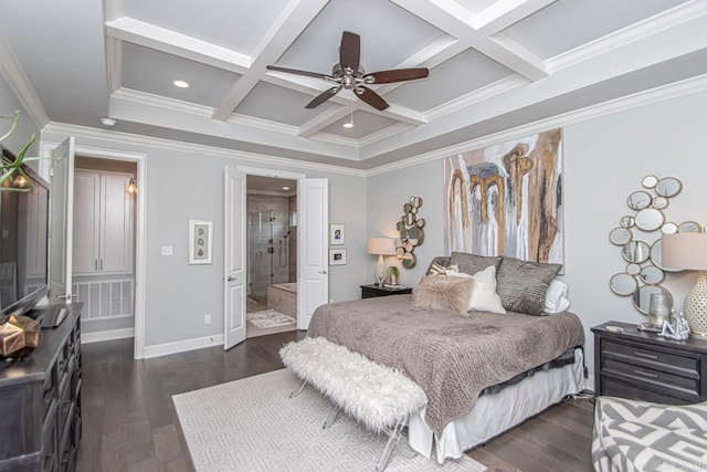 bedroom featuring ensuite bath, beamed ceiling, dark hardwood / wood-style floors, ceiling fan, and coffered ceiling