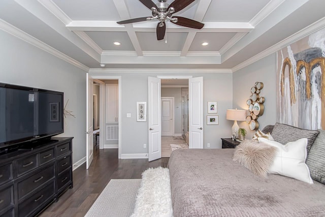 bedroom featuring crown molding, ceiling fan, dark hardwood / wood-style flooring, coffered ceiling, and beamed ceiling