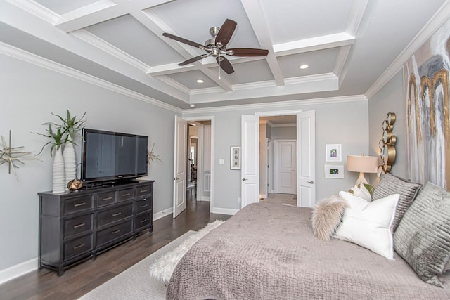 bedroom featuring coffered ceiling, beam ceiling, and ceiling fan