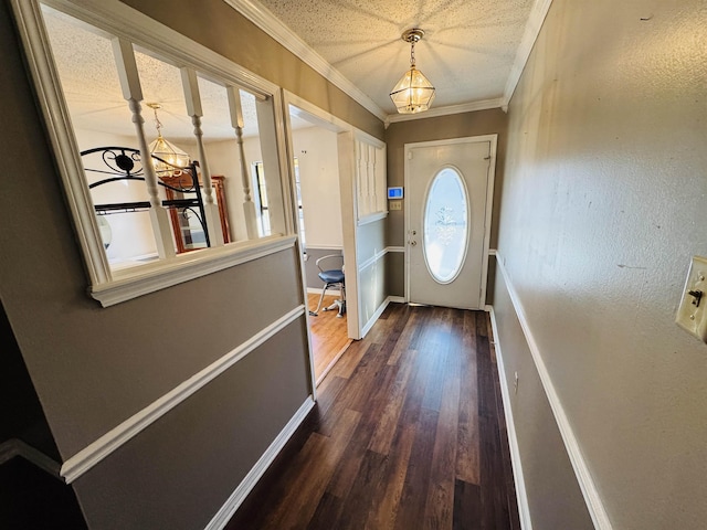 doorway to outside featuring ornamental molding, dark hardwood / wood-style floors, and a textured ceiling