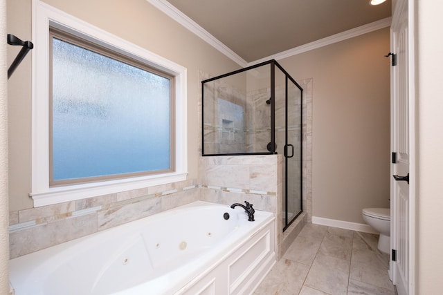 bathroom with toilet, shower with separate bathtub, crown molding, and tile patterned flooring