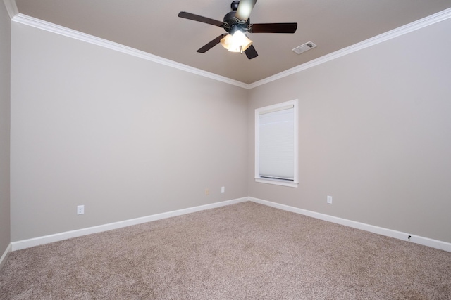 unfurnished room with carpet floors, ornamental molding, and ceiling fan