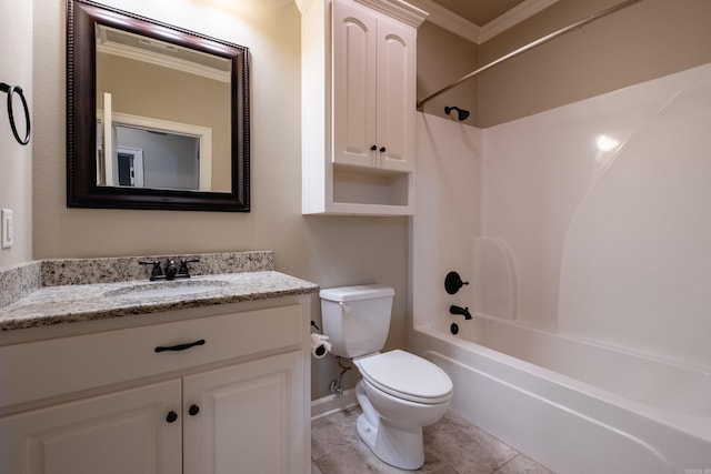 full bathroom featuring vanity, toilet, bathtub / shower combination, and ornamental molding