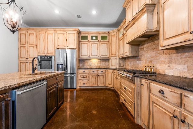 kitchen with pendant lighting, stainless steel appliances, tasteful backsplash, dark stone countertops, and premium range hood