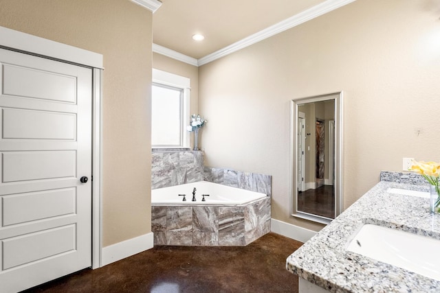 bathroom featuring crown molding, concrete floors, tiled bath, and vanity