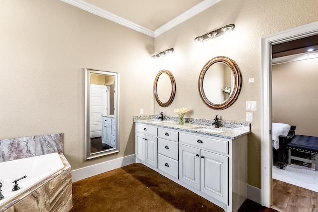 bathroom featuring a relaxing tiled tub, vanity, and crown molding