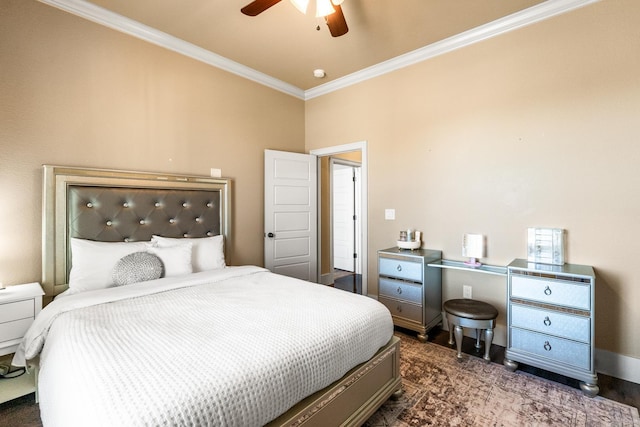 bedroom with ceiling fan, crown molding, and dark hardwood / wood-style floors